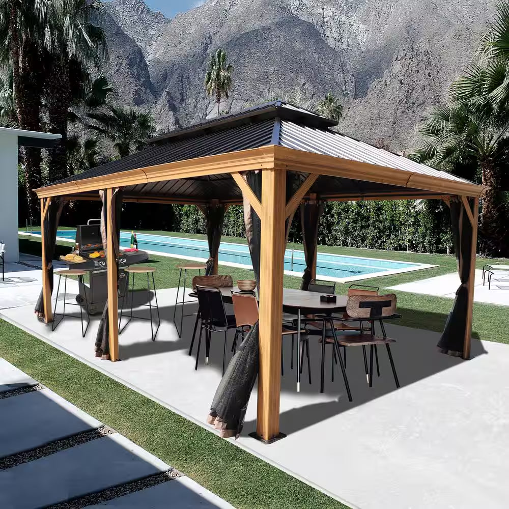 Apollo 12 Ft. X 18 Ft. Wood like Aluminum Hardtop Gazebo with Galvanized Steel Roof and Mosquito Net
