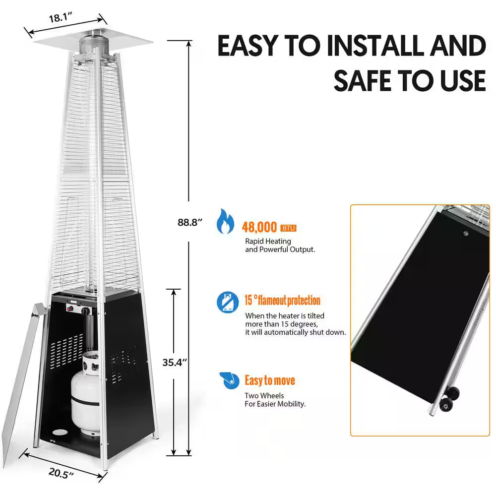 48,000 BTU Pyramid Standing Patio Heater Propane Heater for Outdoor Use with Wheels Ideal for Backyard Balcony 6-8