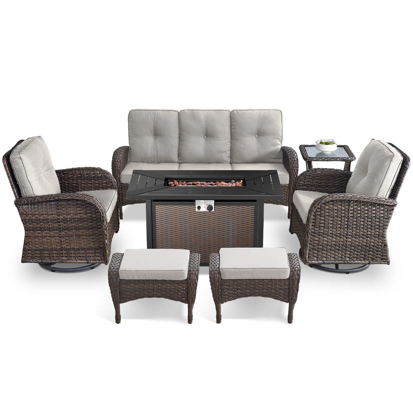 7 Piece Outdoor Patio Furniture Set, Patio Furniture Set with Fire Pit Table Rattan Wicker Patio Furniture Set, Brown Wicker & Beige Cushion